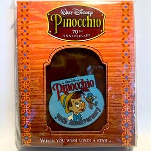 Disney’s Pinocchio 70th Anniversary release commemorative pin sealed in box.